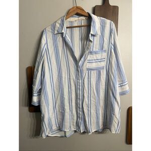 Soft Surroundings Blue White Striped Short Sleeve Button Up Shirt Size Petite Me